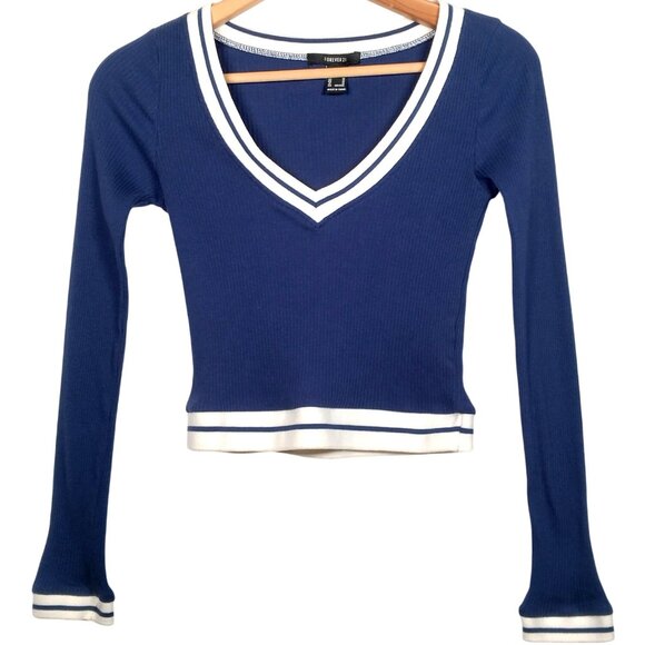 Forever 21 Shirt Juniors Medium Baby Crop Top Ribbed Blue Varsity Academia Y2K - Picture 1 of 16